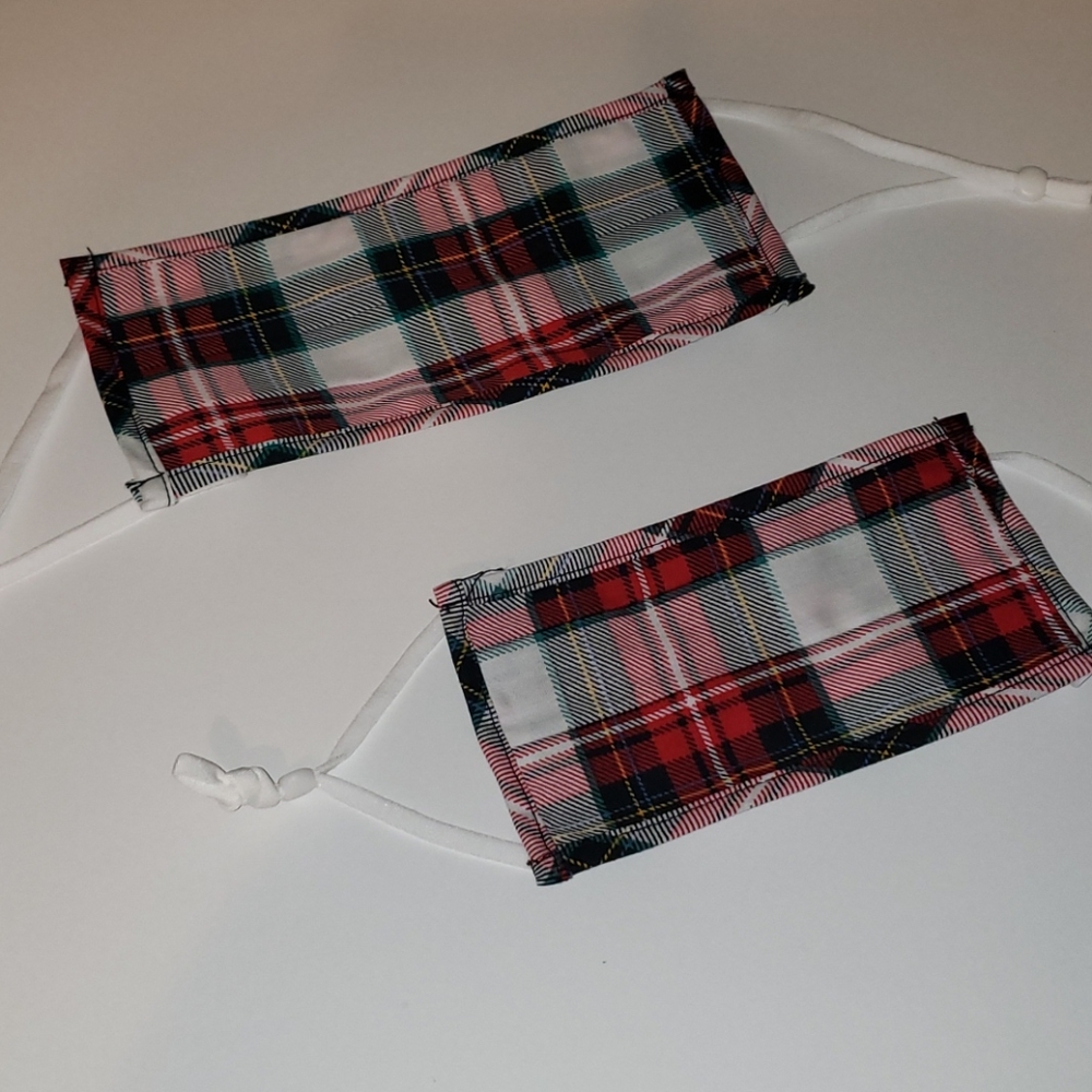 Adult and kid mask set plaid red white